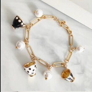 Gold Link Charm Bracelet with Black & White Cup Charms and Pearls